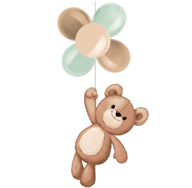 teddy bear floating with balloons